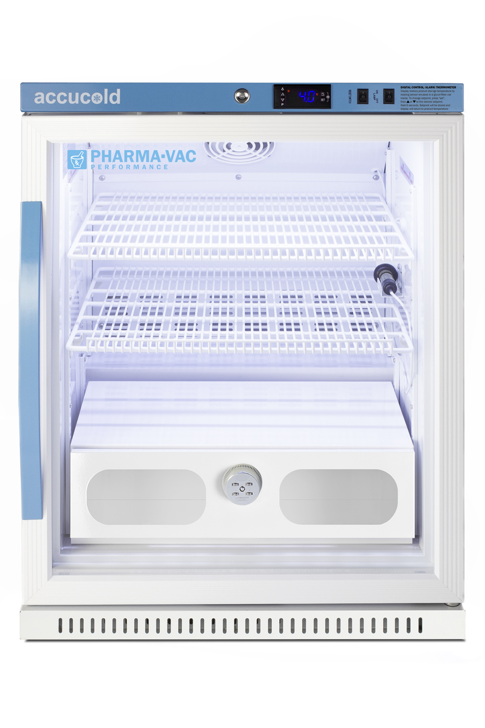 Interior locking compartment with combination lock and front windows for use with select Accucold and Summit refrigerators